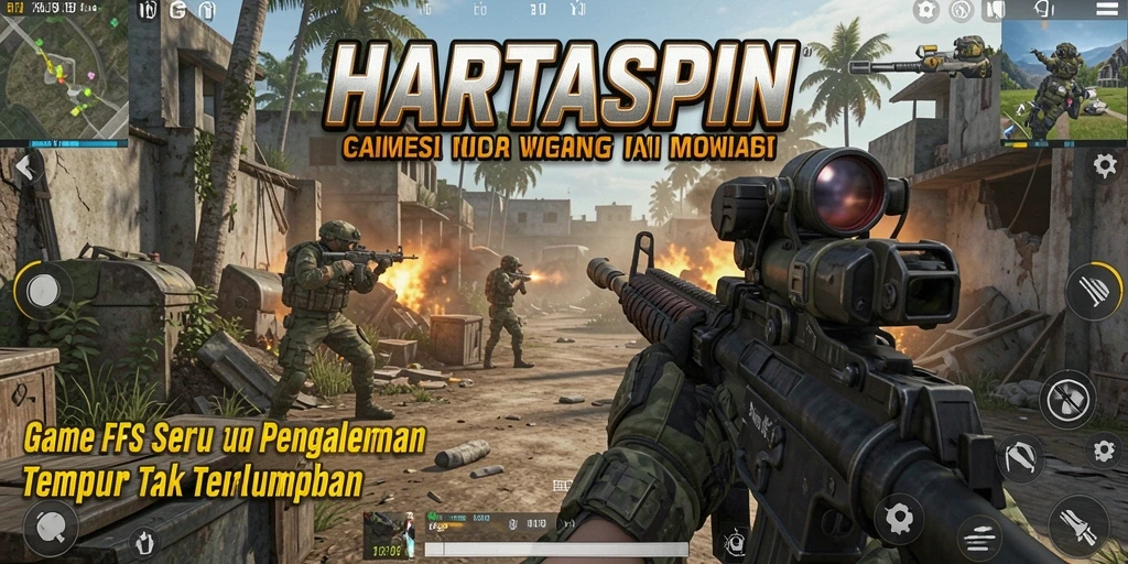 Screenshot HARTASPIN menampilkan aksi pertempuran intens dalam mode FPS.
