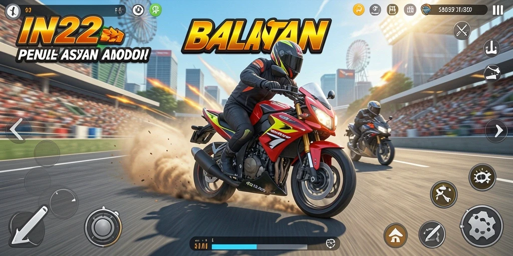 Tampilan screenshot utama IN22 dengan aksi balapan motor yang mendebarkan.