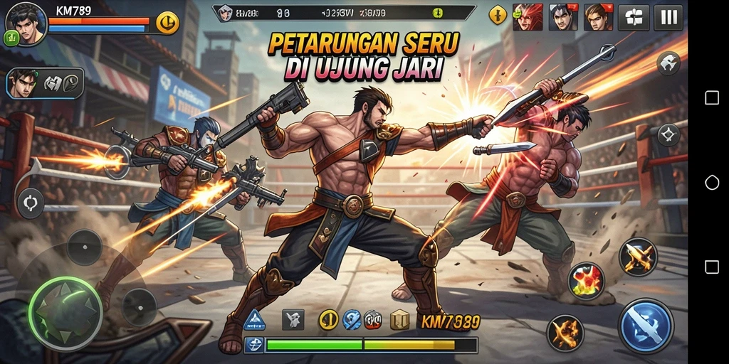 Screenshot gameplay KM789 menampilkan duel seru antar karakter.