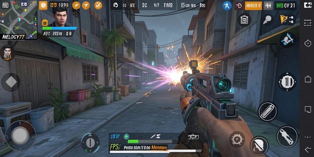 Tampilan seru gameplay <strong>MELODY77</strong> dalam aksi FPS.