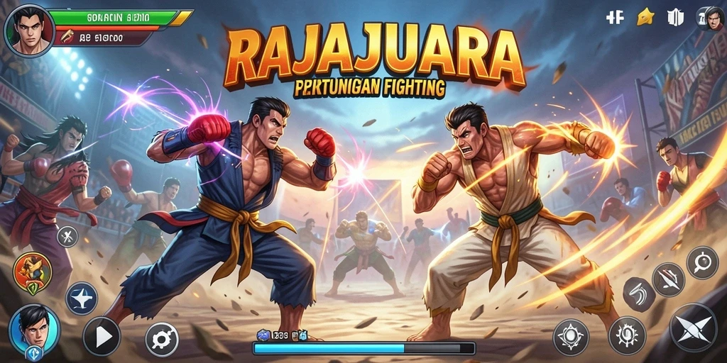 Screenshot gameplay RAJAJUARA menampilkan pertarungan epik dan karakter dinamis.